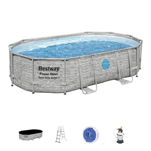 Bestway ARUBA rattan hatású fémvázas ovális medence szett ablakkal 488x305x107 cm